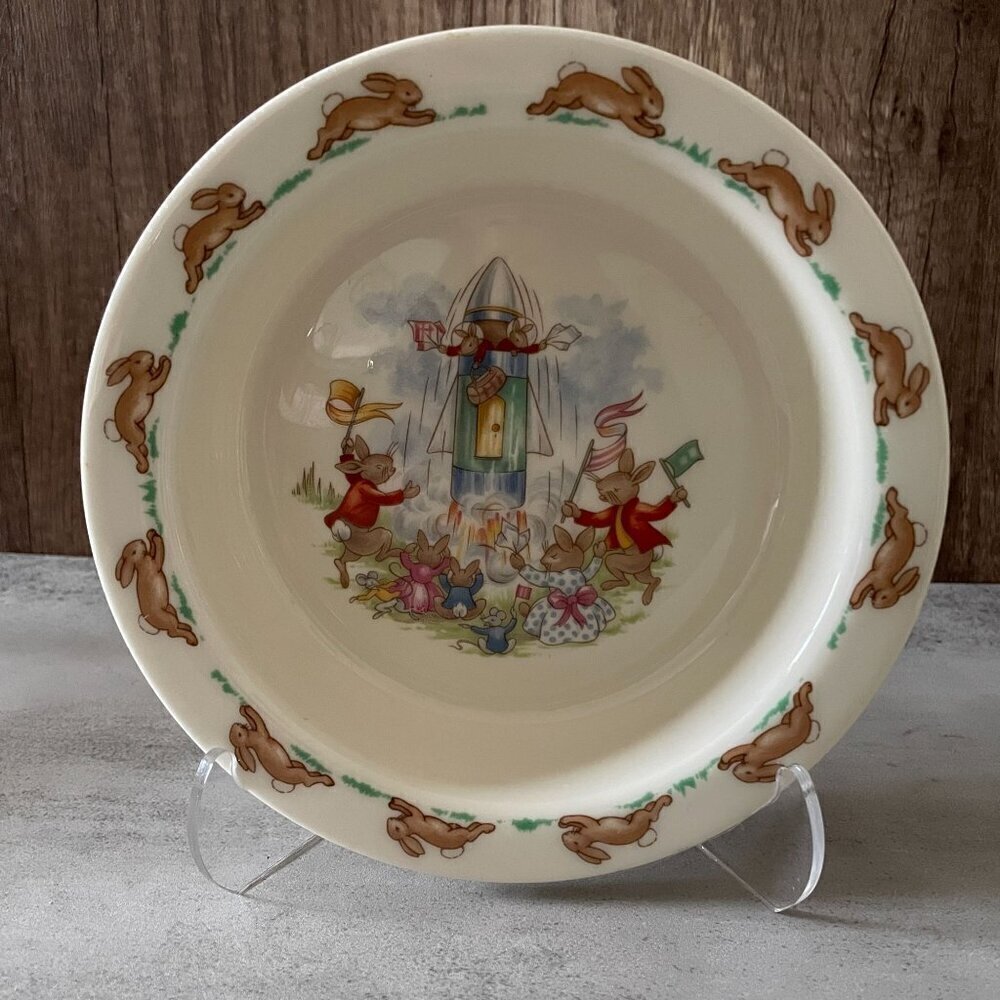 Royal Doulton Bunnykins Blast Off Rocket Launch Child's Vintage Cereal Bowl 6.5"